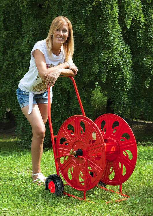 Carrello Avvolgitubo Manuale con Ruote Gonfiabili 140 mt Tubo Ø3/4” in Acciaio Verniciato Rosso