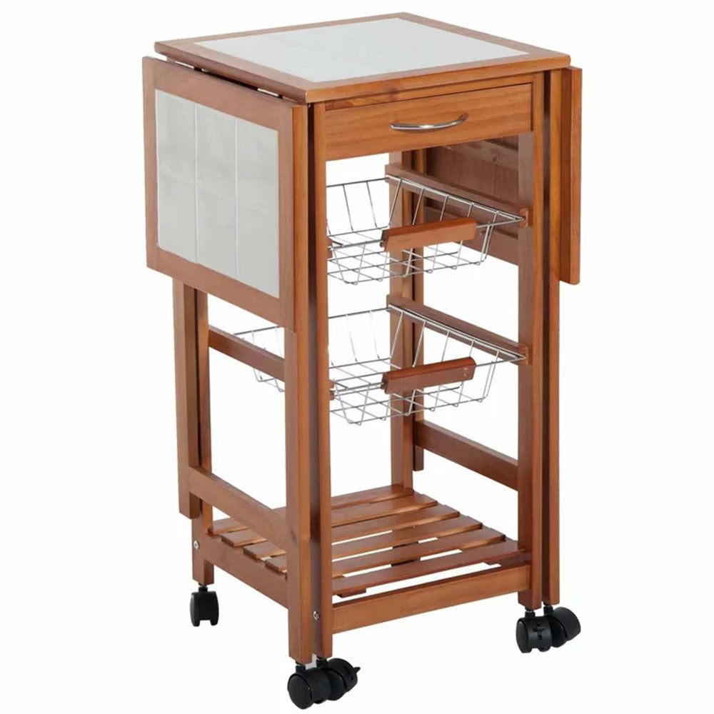 Carrello Cucina Legno Estensibile con Ripiani Pieghevoli 3 Cestelli e Cassetto