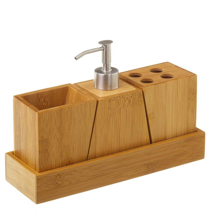 Set Bagno 3pz Con Dispenser Sapone Bicchiere Portaspazzolini In legno di Bambu'