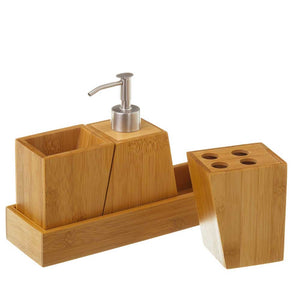 Set Bagno 3pz Con Dispenser Sapone Bicchiere Portaspazzolini In legno di Bambu'