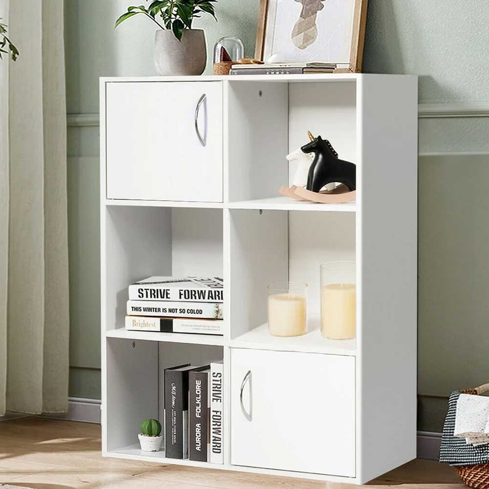 Mobile Libreria 6 Ripiani 2 Ante Scaffale in Legno MDF Design Moderno Bianco