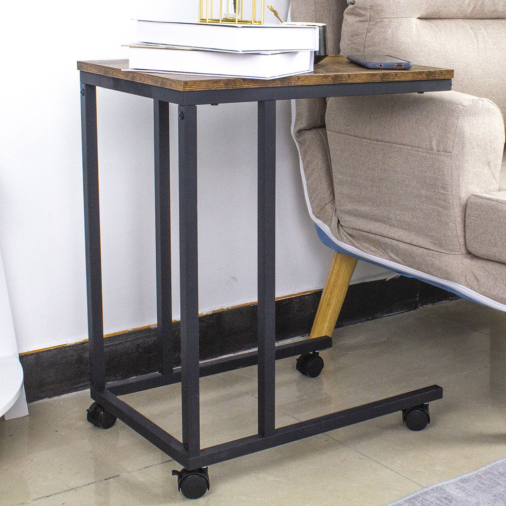 Tavolino da Caffe Porta Pc Laterale per Divano 50x35x62.5 cm in Metallo e legno con Ruote Design Moderno