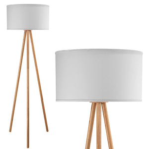 Lampada Piantana Terra Design Moderno in Legno Paralume Tessuto Luce E27 Bianco