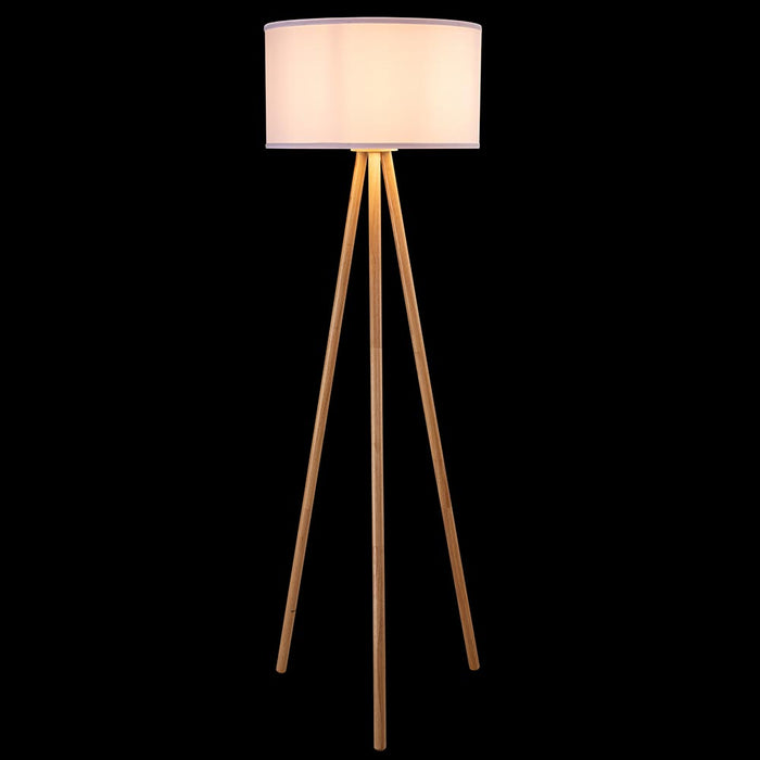 Lampada Piantana Terra Design Moderno in Legno Paralume Tessuto Luce E27 Bianco