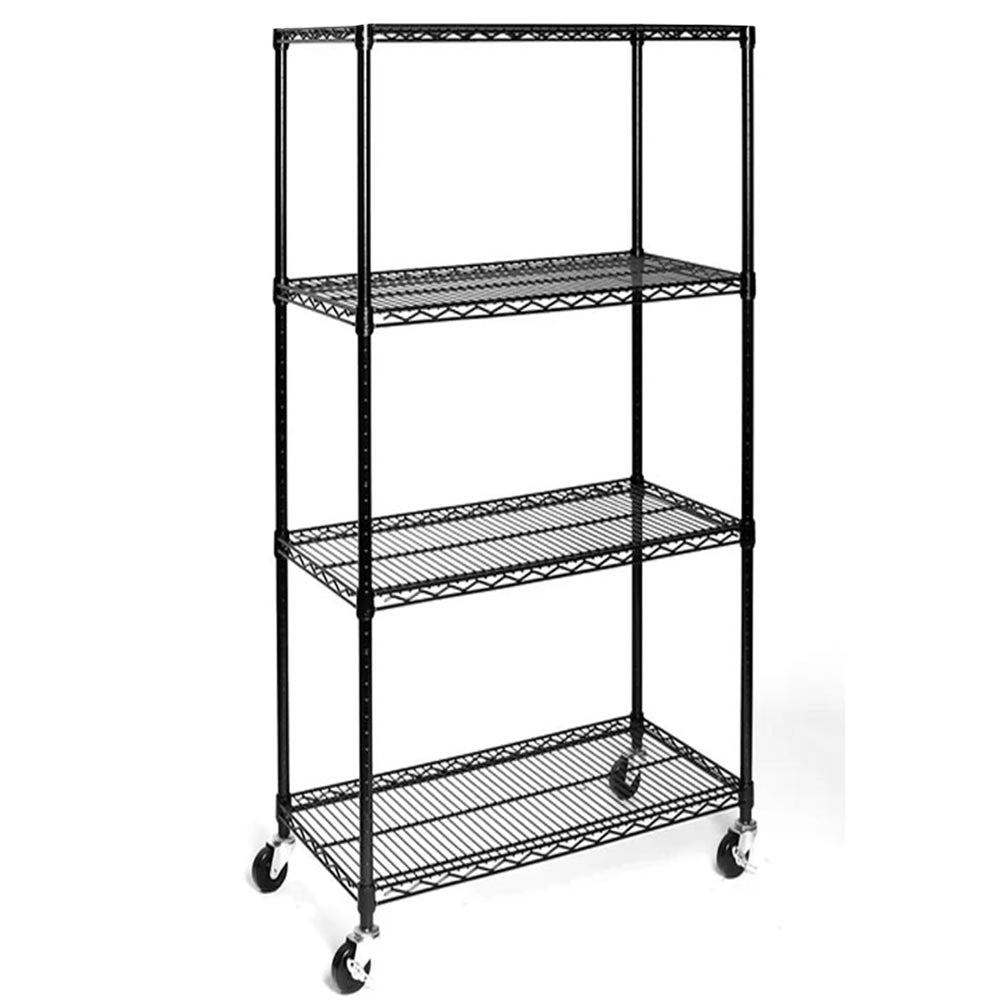 Scaffale 4 Ripiani Acciaio Mobile Libreria Multiuso 4 Ruote 90x45x180 Cromo Nero