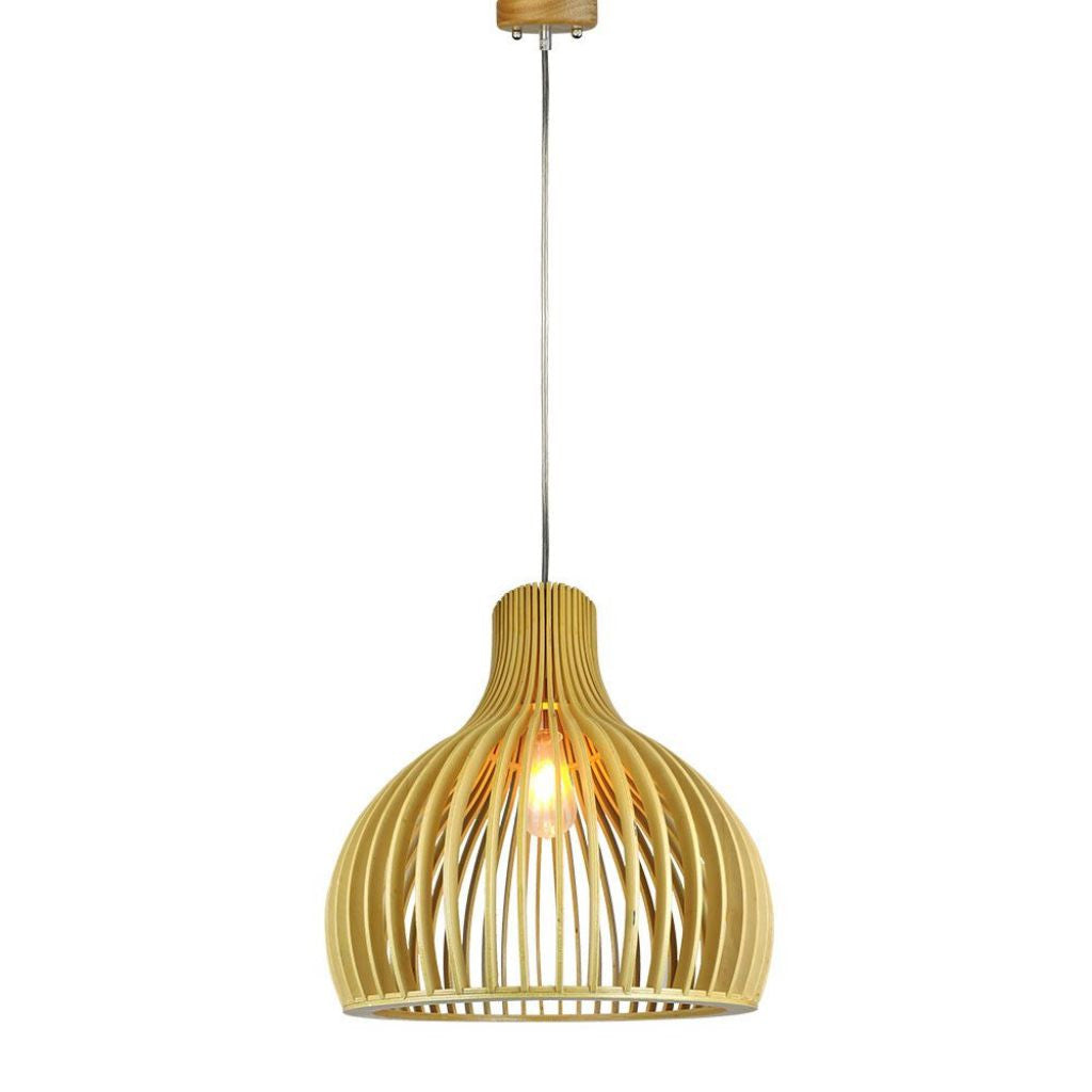 Wooden Pendant Light With Chrome Decorative Cap + Canopy + Lampshade Cone Cave D450*H450Mm