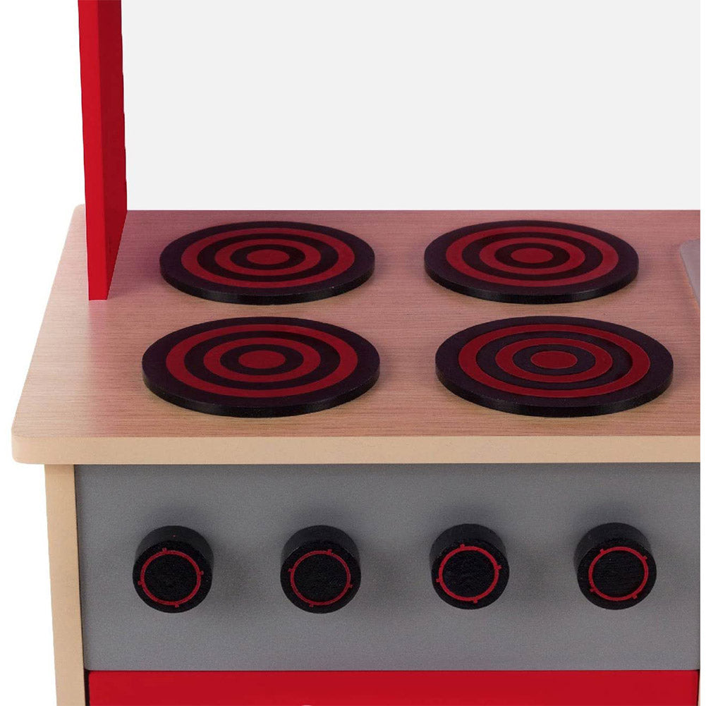 Cucina Legno Giocattolo per Bambini con Anta e Cassetti Lavagna 60x30x90cm Rosso