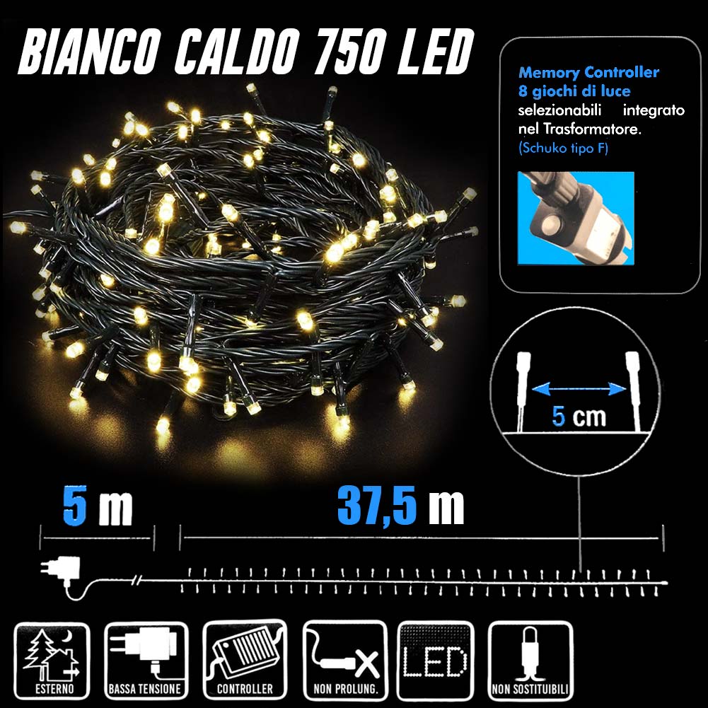 Catena Luminosa 750 Luci LED Lucciole Bianco Caldo Controller 8Funzioni Esterno