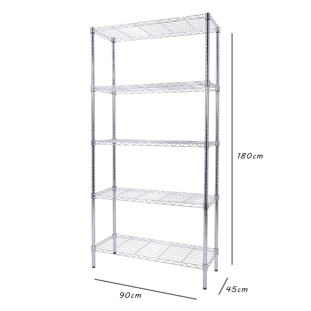 Scaffale 5 Ripiani 90x45x180cm in Acciaio Inox Cromato Mobile Libreria Multiuso