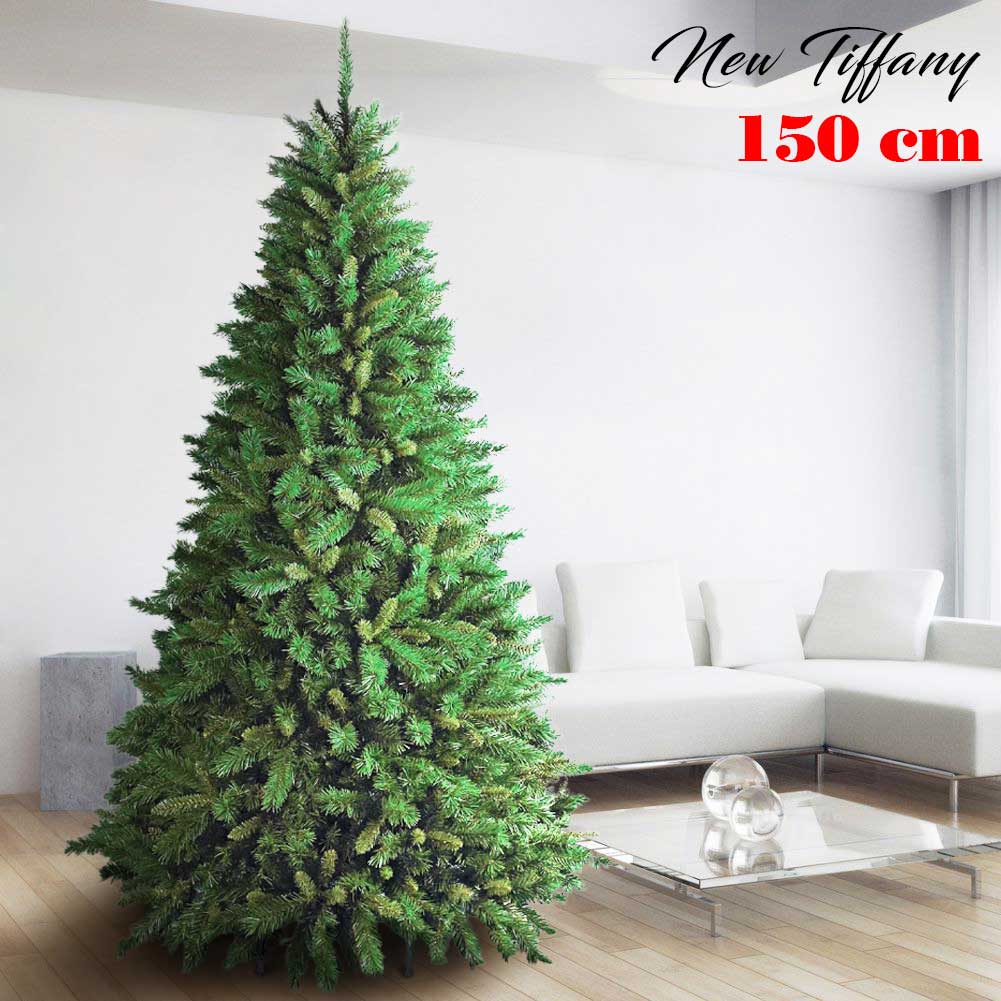 Albero Di Natale 150cm New Tiffany Super Folto 438 Rami Pino Verde Base a Croce