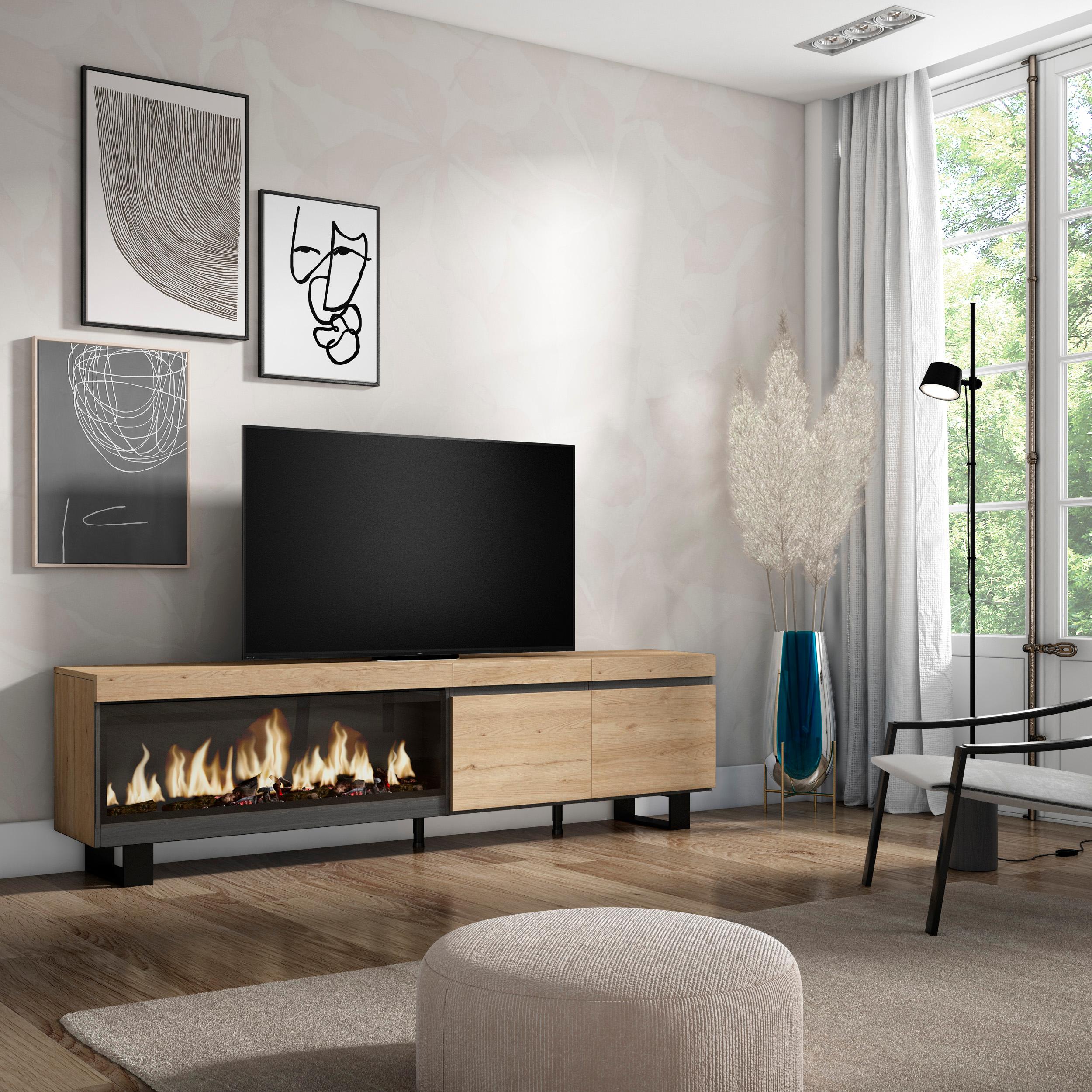 Mobile TV Soggiorno, 210, Per TV fino a 80", Camino elettrico XXL, Design industriale, Rovere RF3276