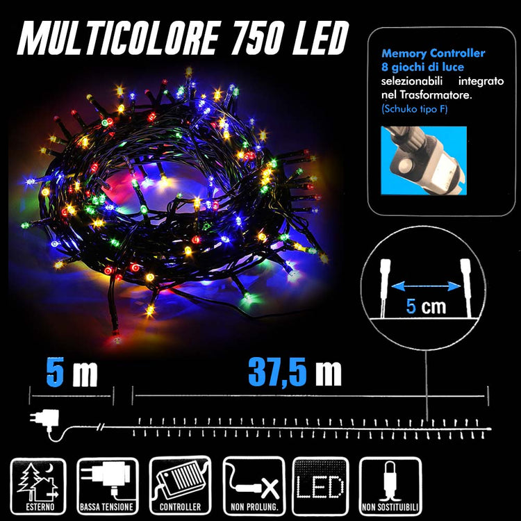 Catena Luminosa 750 Luci LED Lucciole Multicolore Controller 8 Funzioni Esterno