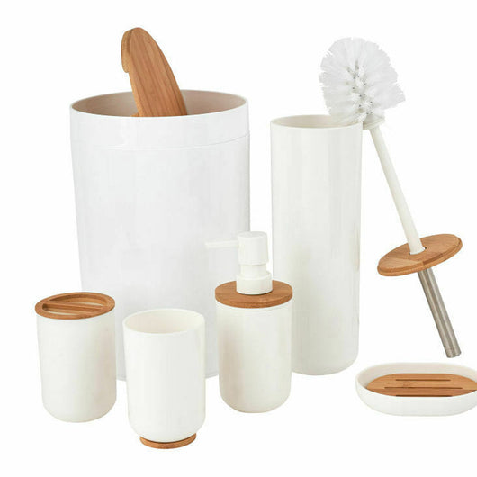 Set da Bagno in Legno Bamboo e Plastica Bianco e Naturale 6pz con Portascopino