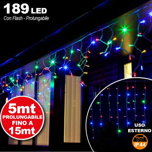 Tenda Cascata Luminosa Multicolore 510x90 cm Prolungabile Fino a 15MT 189 LED