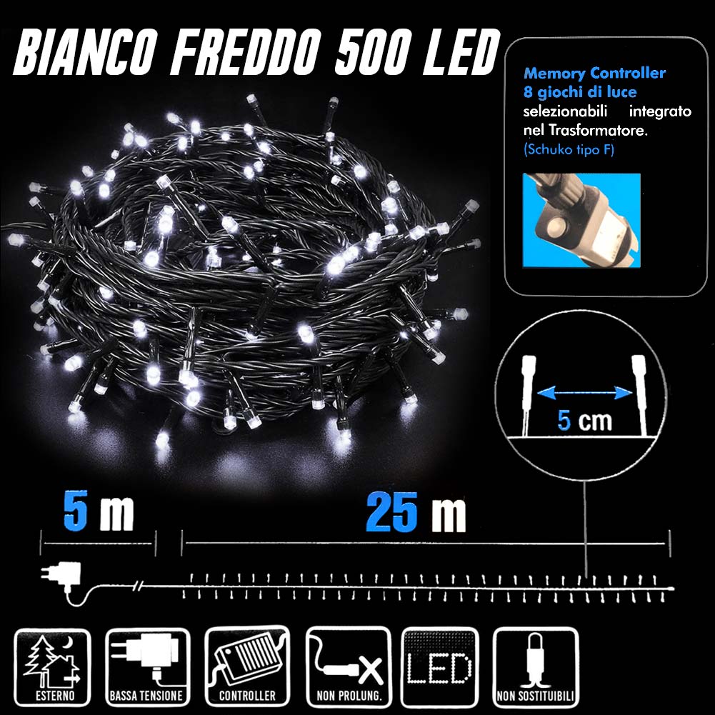 Catena Luminosa 500 Luci LED Lucciole Bianco Fredd Controller 8 Funzioni Esterno