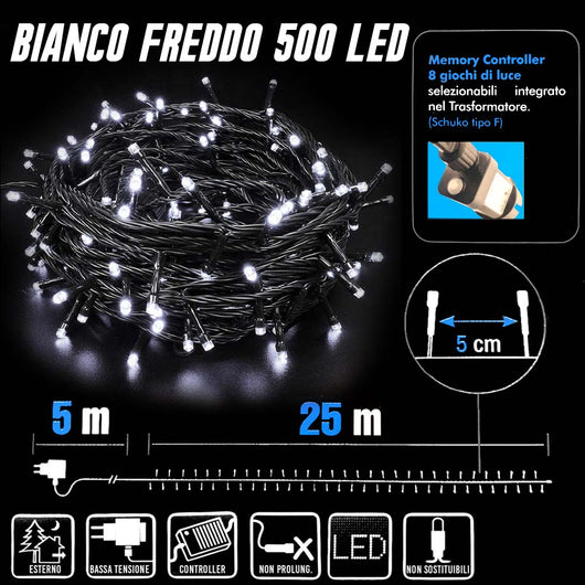 Catena Luminosa 500 Luci LED Lucciole Bianco Fredd Controller 8 Funzioni Esterno