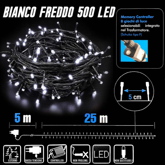 Catena Luminosa 500 Luci LED Lucciole Bianco Fredd Controller 8 Funzioni Esterno