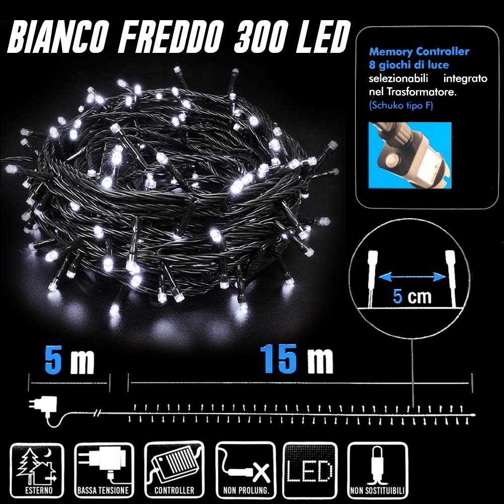 Catena Luminosa 300 Luci LED Lucciole Bianco Freddo Controller 8 Funzioni Estern