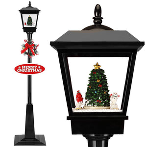 Lampione Natale con Luce LED Scena Natalizia Motorizzata Neve Musica 180 cm Nero