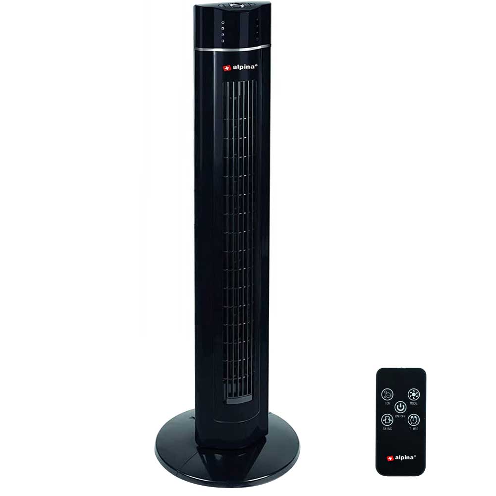 Ventilatore Torre Colonna Oscillante 60W 107cm 3 Velocita Timer Telecomando Nero Alpina