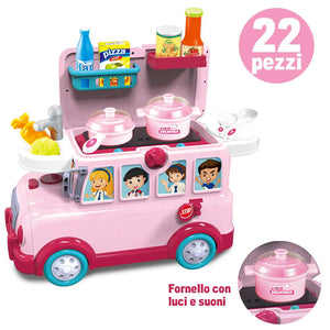 Cucina Giocattolo Bambini Cavalcabile Trolley Schoolbus 3in1 Luci Suoni Accessori