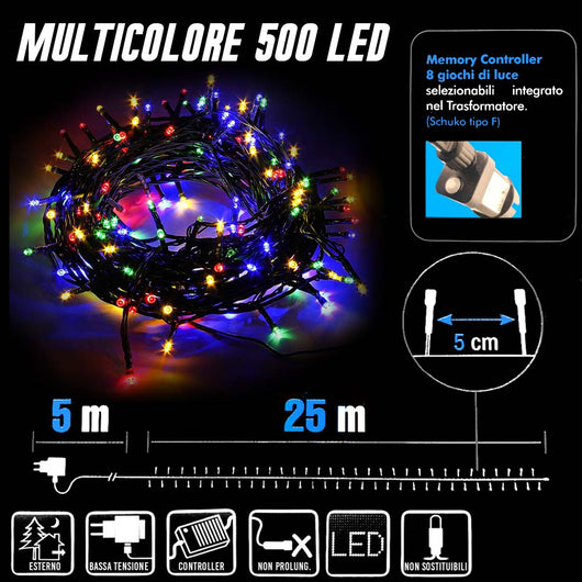 Catena Luminosa 500 Luci LED Lucciole Multicolore Controller 8 Funzioni Esterno