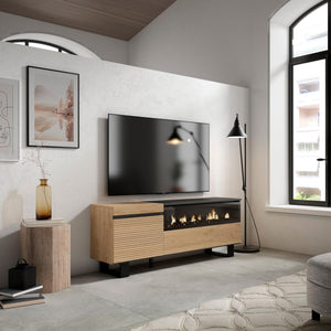 Mobile TV Soggiorno, 150x57x35cm, Per TV fino a 65", Camino elettrico, Design industriale, Rovere , RF3303