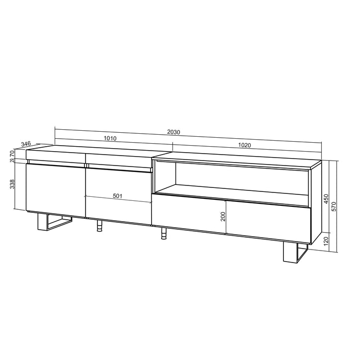 Mobile TV Soggiorno, 200x35x57cm, Per TV fino a 80", Design industriale, colore Rovere RF3319