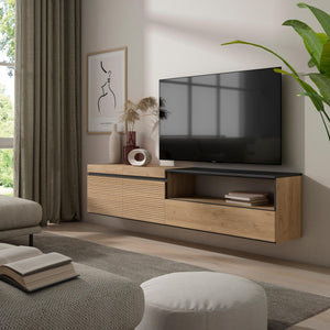 Mobile TV Soggiorno, 200x45x35cm, Per TV fino a 80", Sospeso, da appendere, Rovere , RF3320