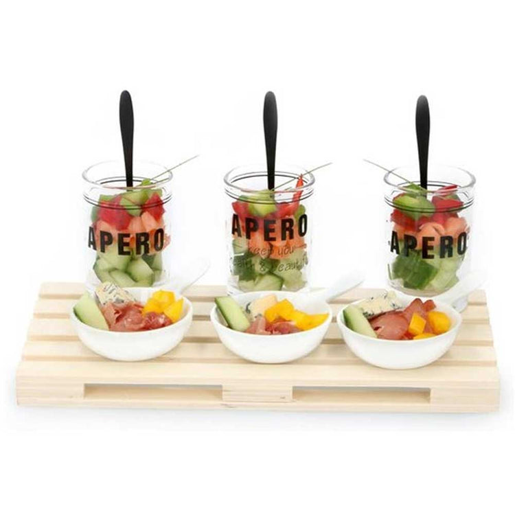 Set Aperitivo Vassoio Pallet + 3 Ciotole + Bicchieri e Cucchiaini Stuzzichini