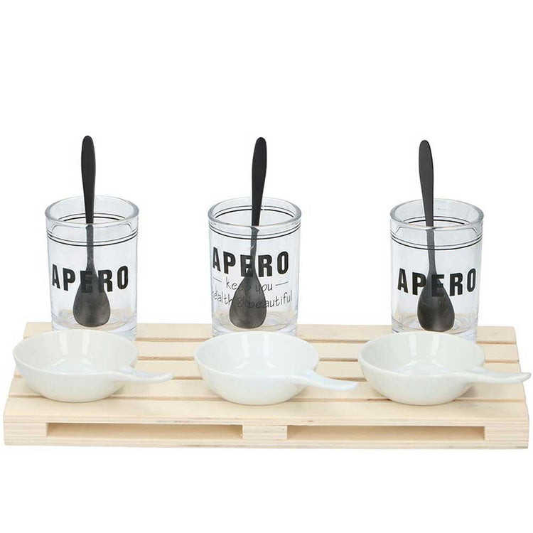 Set Aperitivo Vassoio Pallet + 3 Ciotole + Bicchieri e Cucchiaini Stuzzichini