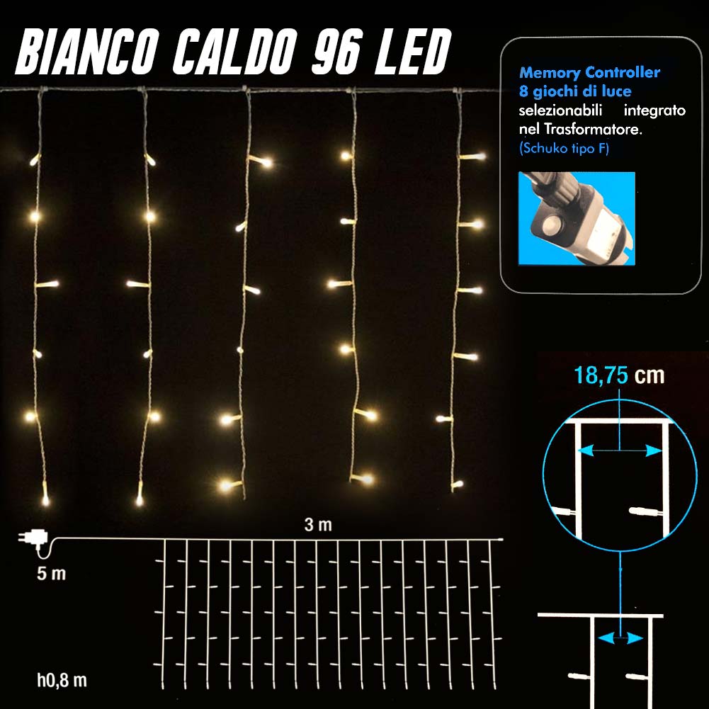 Tenda Luminosa Natalizia 96 LED Luce Bianco Caldo 3 METRI Esterno Luci Cavo 5 mt