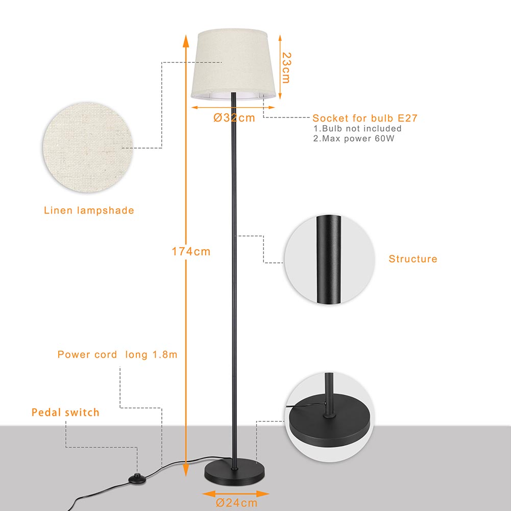 Lampada Piantana Terra Design Moderno Paralume E27 Tessuto e Metallo Nero