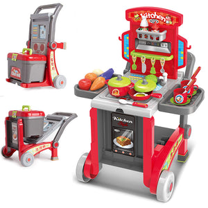 Cucina Giocattolo Bambini 3in1 Richiudibile in Trolley e Carrello 29 Accessori