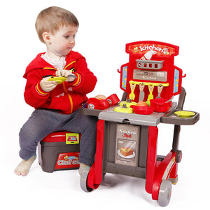 Cucina Giocattolo Bambini 3in1 Richiudibile in Trolley e Carrello 29 Accessori