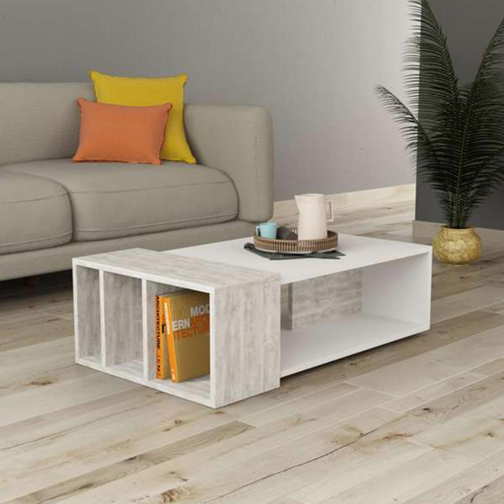 Tavolino Divano Salotto Rettangolare Design Moderno Legno con Libreria Bianco