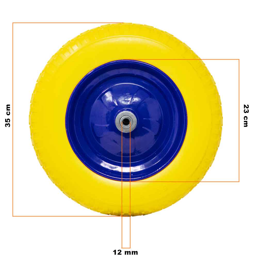 Ruota Piena Antiforatura PU Gialla per Carriola 35cm + Asse Corto 170mm Acciaio