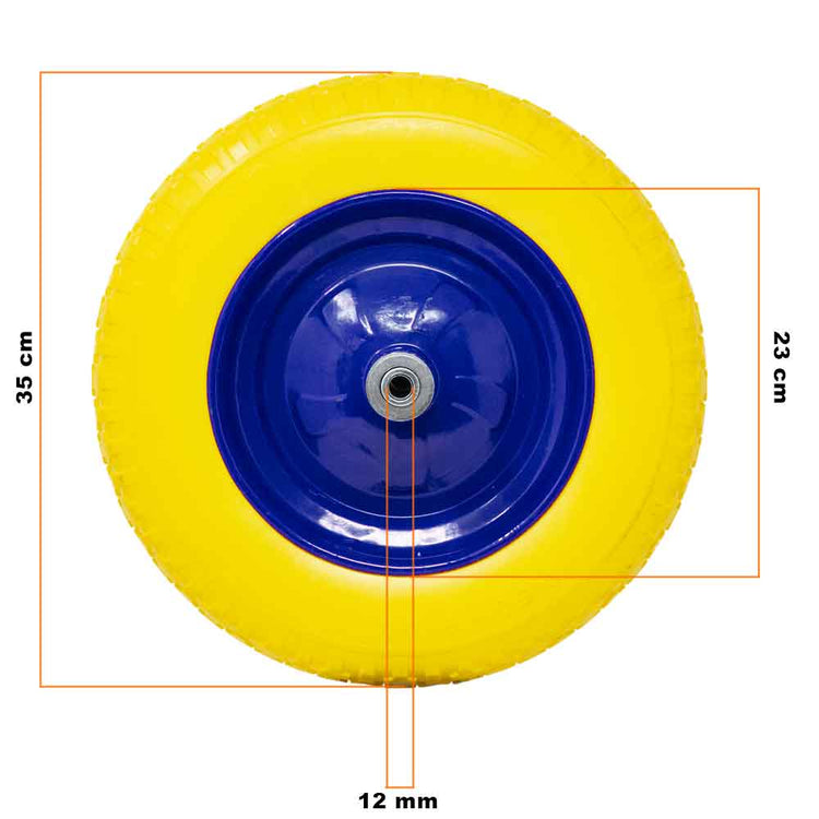 Ruota Piena Antiforatura PU Gialla per Carriola 35cm + Asse Corto 170mm Acciaio