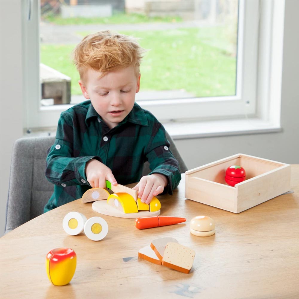 Cibi Cucina Tagliare Giocattolo Bambini in Legno con Vassoio Adesivo a Strappo