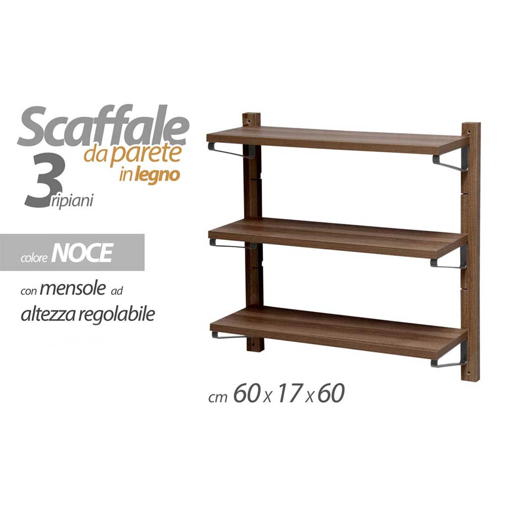 Libreria Mensole Scaffale Parete Design Moderno Legno MDF 3 Ripiani Noce 60x17cm