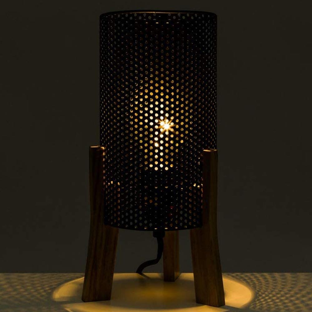 Lampada da Tavolo Lume Comodino Legno e Metallo Nero Design Moderno Abatjour