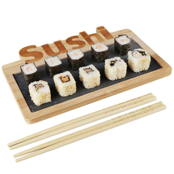 Set Sushi Cibo Giapponese 2 Persone Bacchette Legno Bamboo e Vassoio Ardesia 3pz