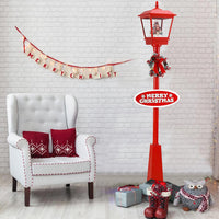 Lampione Natale con Luce LED Scena Natalizia Motorizzata Neve Musica 180cm Rosso