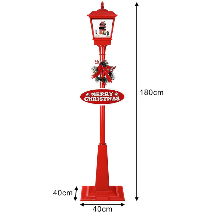 Lampione Natale con Luce LED Scena Natalizia Motorizzata Neve Musica 180cm Rosso