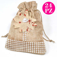 Set 24 Sacchetti per Confetti in Juta Beige con Fiore Perline e Laccio 14x11cm