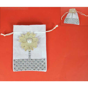 Set 24 Sacchetti in Tessuto Bianco con Fiore Strass Brillantini e Laccio 14x11cm