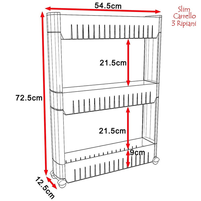 Carrello Carrellino Slim Salvaspazio Cucina Bagno Ripostiglio 3 Ripiani e 4Ruote