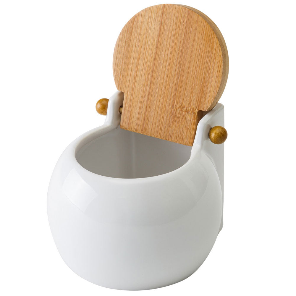 Barattolo In Ceramica con Tappo Legno Bambu per Sale Zucchero Caffe 0,7lt Bianco