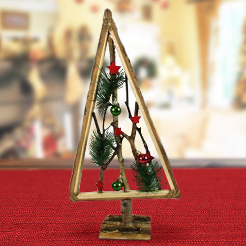 ALBERO DI NATALE IN LEGNO CON RAMETTI E PALLINE ROSSO 58CM DECORAZIONI NATALIZIE