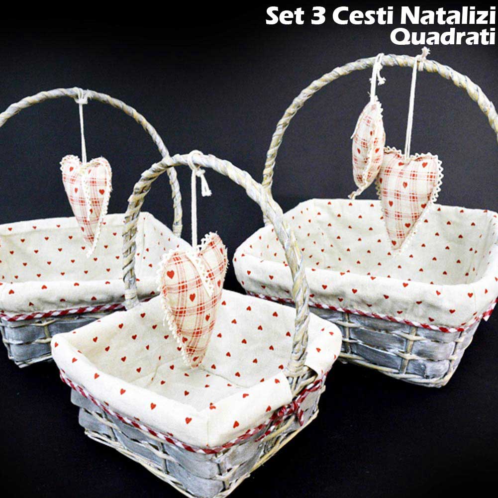 Set 3 Cestini Natalizi Quadrati In Vimini E Tessuto Diametro 38/33/28 Cm Grigio